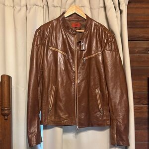 LOFT Brown Leather Bomber Jacket with Zip Pockets